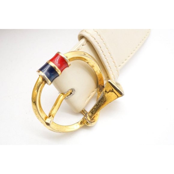 Vintage Gucci White Leather Belt with Red Blue Enamel Round Gold Buckle - Picture 5 of 9